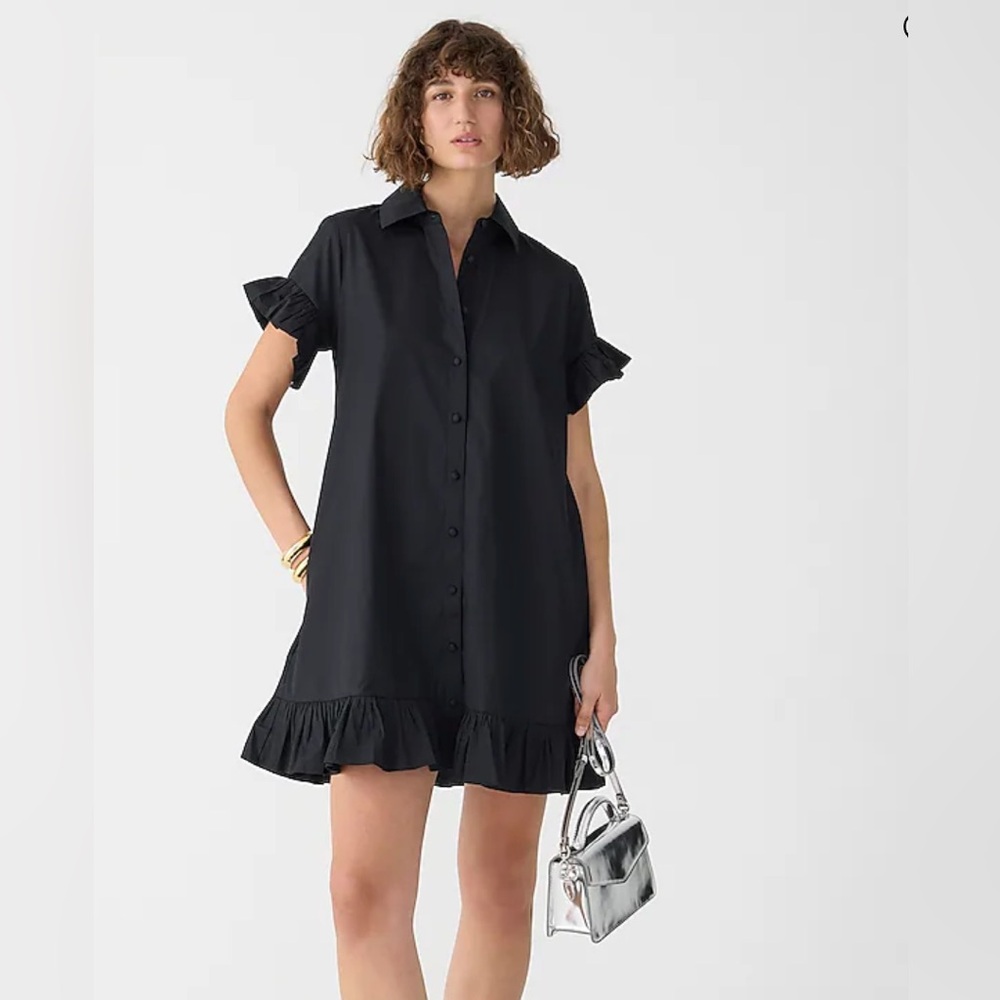 J.Crew Black Ruffle-Hem Shirt Dress in Cotton Poplin Size XS